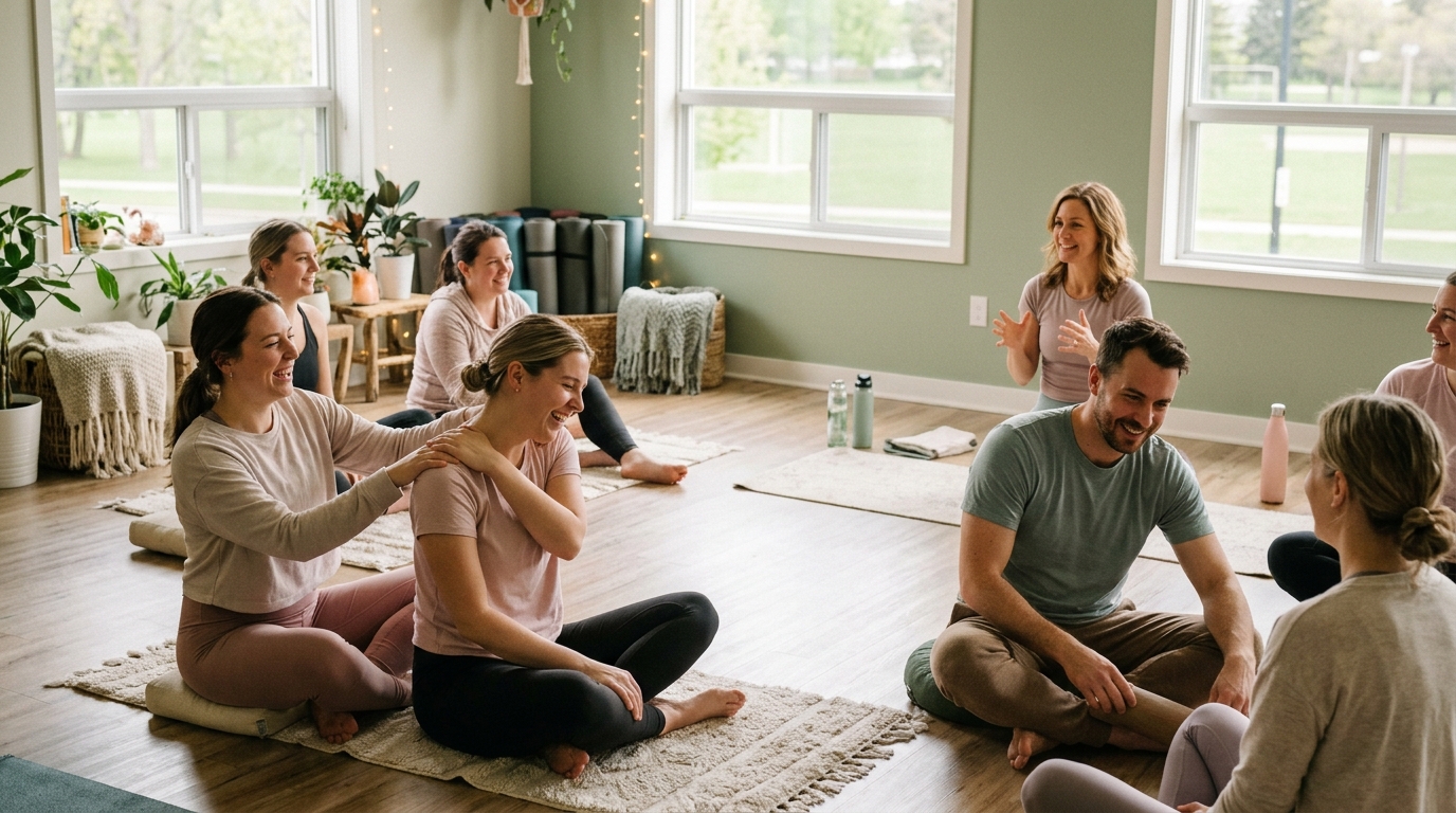 A cheerful group enjoying a relaxed wellness session together