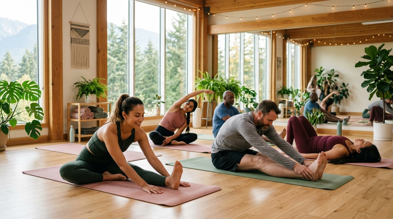 Smiling adults stretching together on soft mats in a bright, friendly studio