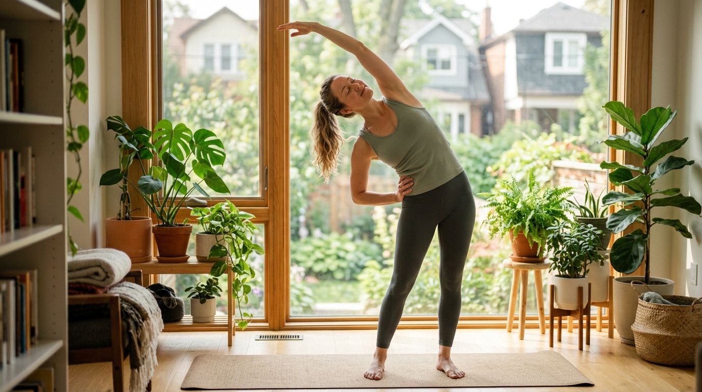 Person practising a calm, mindful stretch beside a bright window