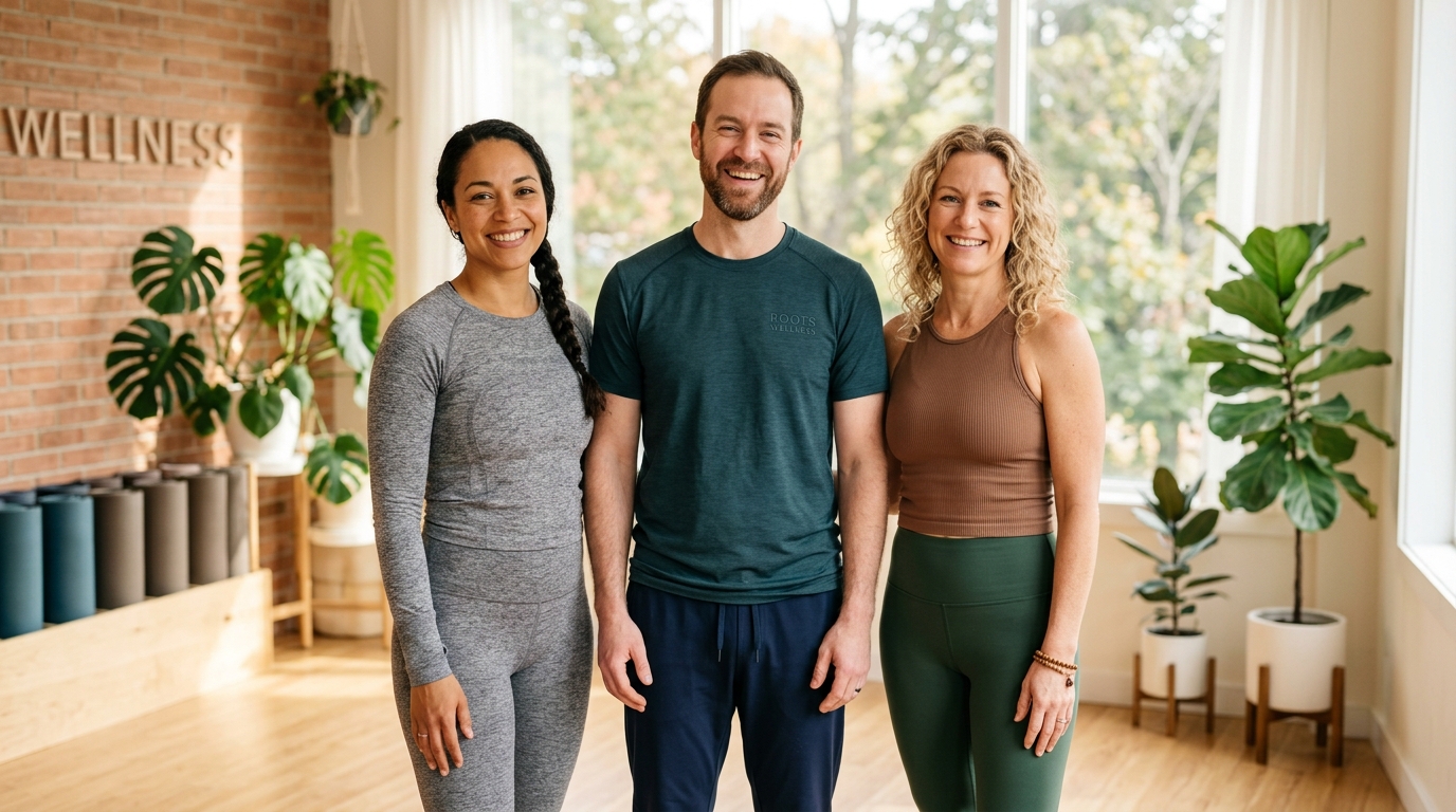 A small, cheerful wellness team smiling together in a sunlit studio